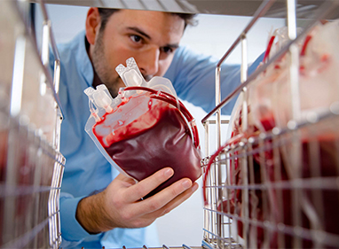 a scientist is placing a blood donation onto a storage shelf
