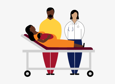 illustration of a woman lying on a stretcher holding a baby, a man and a doctor are standing alongside