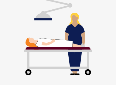 illustration of a patient lying on a stretcher with a doctor standing beside them, a ceiling lamp is above them