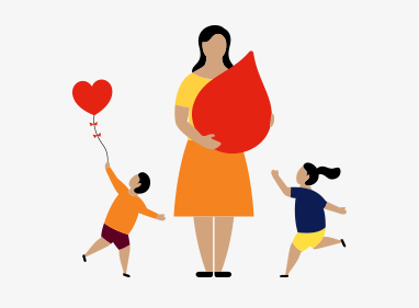 illustration of a a woman holding a big red blood droplet, two children are playing next to her, one of the children is holding a red balloon in the shape of a heart