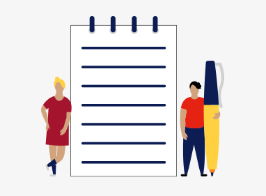 illustration of two people standing next to a large notepad and one of them is holding a pen
