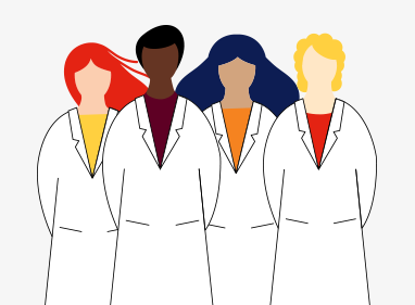 illustration of four scientists wearing white coats
