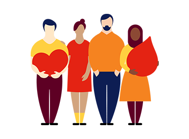 illustration of four people, one is holding a red loveheart and one is holding a red blood droplet
