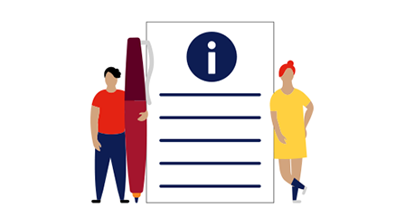 illustration of a giant notepad with two people beside it, one is holding a pen