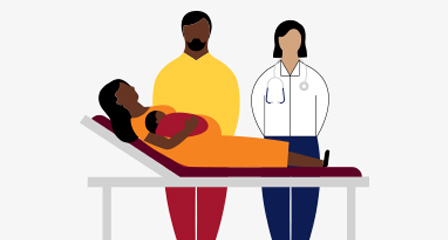 illustration of a woman laying on a stretcher holding a baby, a man and a doctor are standing alongside