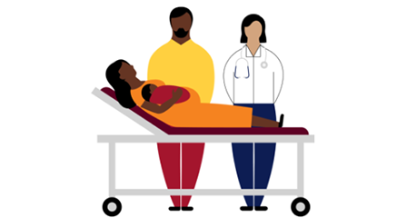 illustration of a pregnant woman on a hospital bed with a doctor standing beside them