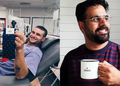 Collage of man holding lifeblood socks and a man with a lifeblood coffee mug