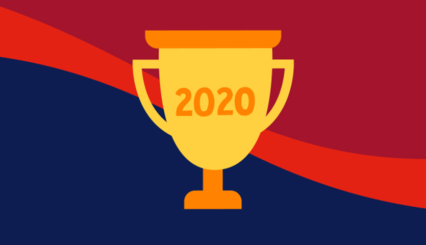 illustration of a trophy with 2020 written on it against a blue and red background