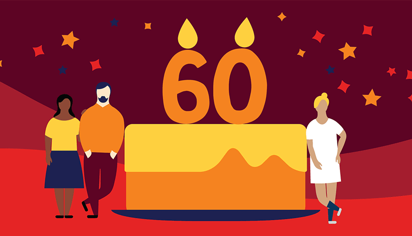 illustration of people standing next to a giant birthday cake with two lit candles of the numerals 6 and 0 on top