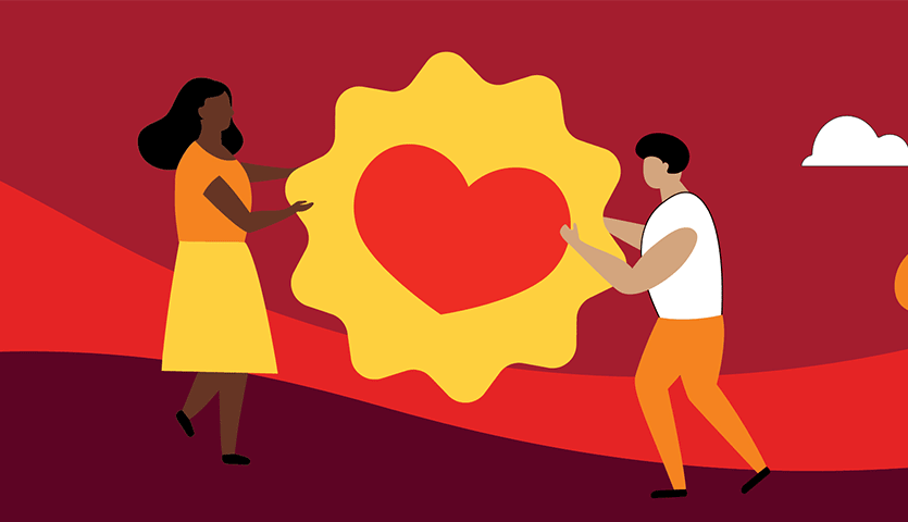 illustration of a man and a woman next to a red loveheart