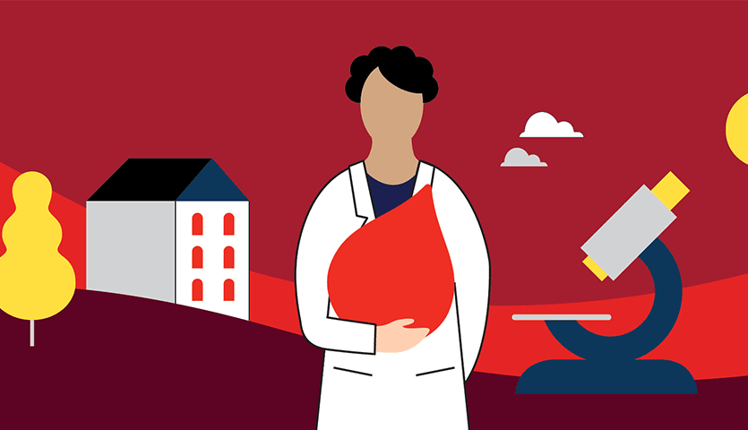 illustration of a scientist standing in front of a red background she is holding a red blood droplet