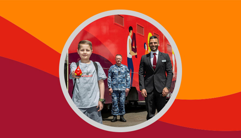 josh standing in front of a mobile donor centre