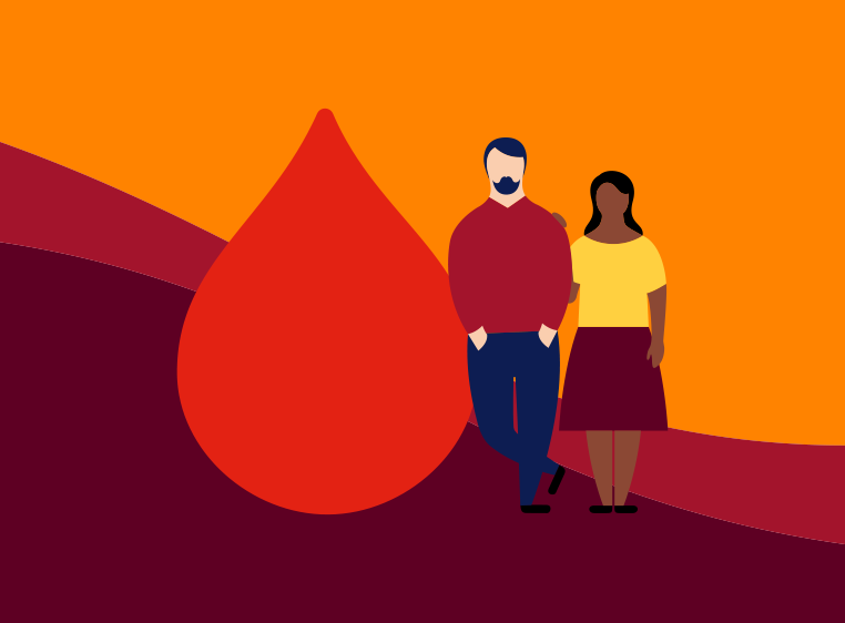 illustration of two people standing next to a giant red blood droplet