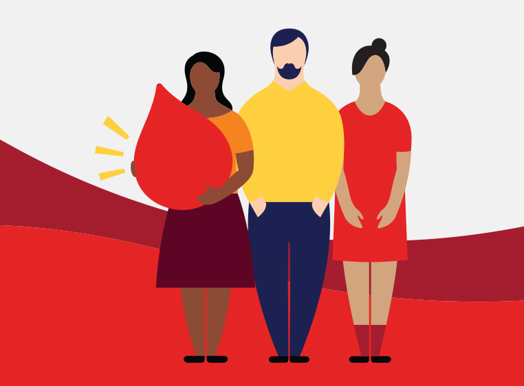 illustration of three people standing in front of a coloured backdrop, one is holding a big red blood droplet