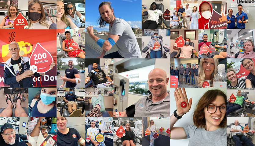 a collage of a variety of donors smiling while donating or while holding donation signs