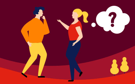 illustration of a man and woman with a thought bubble including a question mark