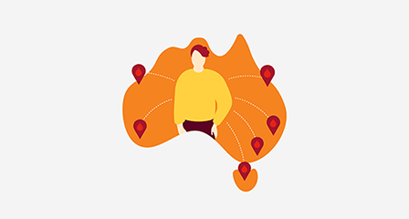 illustration of a person within a map of australia with the capital cities marked
