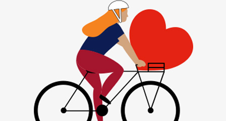 illustration of a woman riding a bicycle with a cartoon heart in the front basket