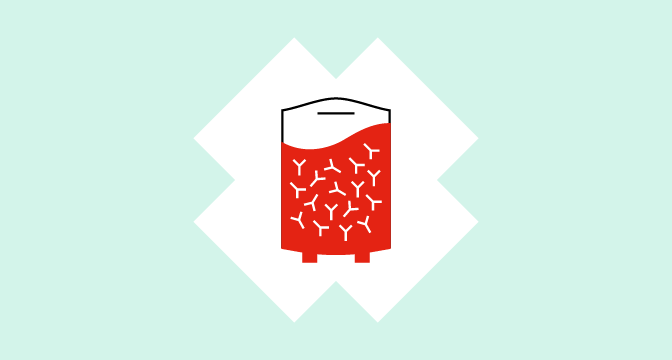 illustration of bag of blood with antibodies inside on an ice blue background