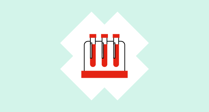 illustration of three test tubes in a red containing blood on an ice blue background