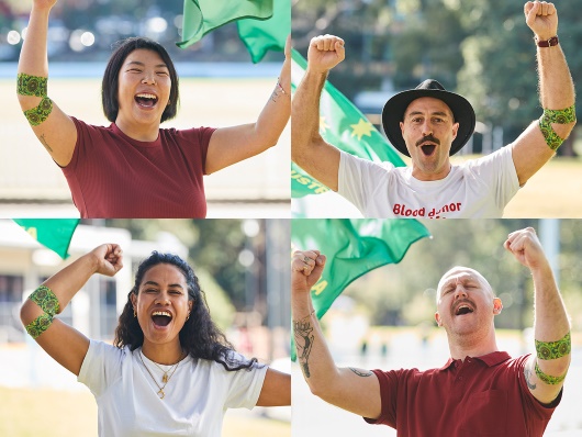 photos of four people cheering and weaing the brad hore design bandage around their elbows