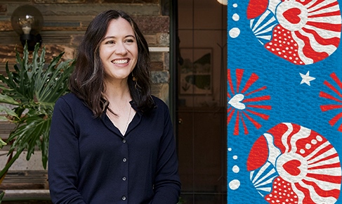 portrait of artist Kat Macleod next to her bandage design