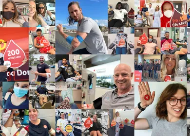 a collage of a variety of donors smiling while donating or while holding donation signs