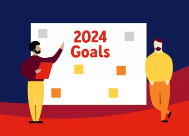 illustration of two men pointing at a board that says '2024 goals' with post-it notes on it