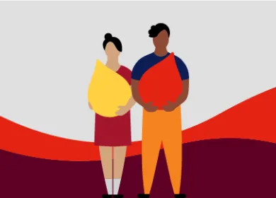 An illlustration of two people holding giant blood drops, against a ribbon device