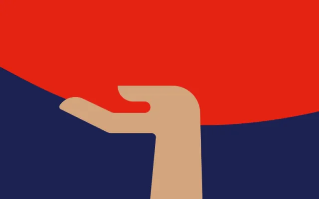 illustration of a hand with palm facing upwards on a blue and red background