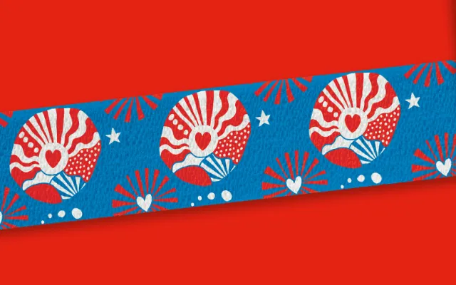 a blue bandage with a red and white design on a red background