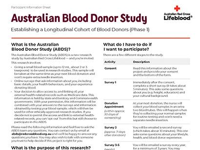 Front page of Australian Blood Donor Study information sheet and consent form pdf file