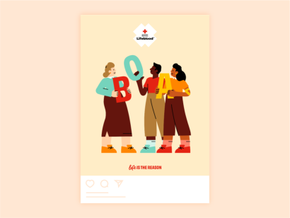 downloadable social tile with illustrations of blood donors holding up a sign of A, B and O blood types