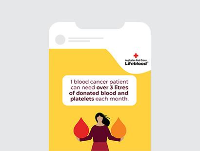 social tile that says 1 blood cancer patient can need over 3 litres of donated blood and platelets each month