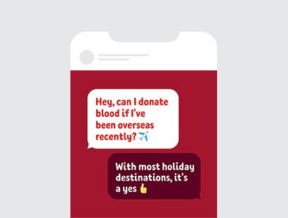 tile of two text boxes asking if one can donate blood if they've been overseas and one confirming yes