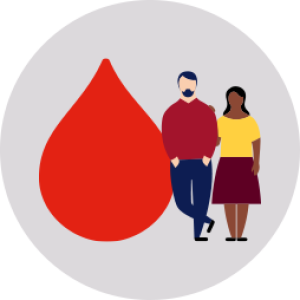 illustration of two people standing next to a large red blood droplet symbol