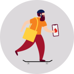 illustration of a man on a skateboard holding a phone with a red blood droplet symbol on it