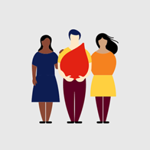 illustration of three people standing together and one is holding a red blood droplet