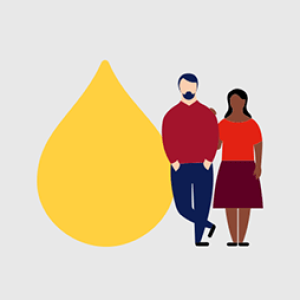 illustration of two people standing next to a large yellow droplet icon